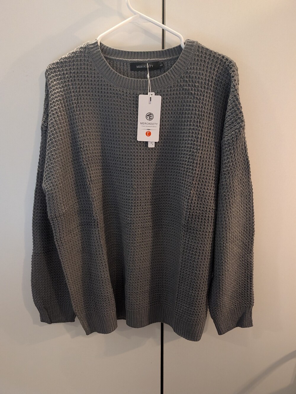 Merokeety Woman's Large Grey Waffle Knit Crewneck Sweater NWT